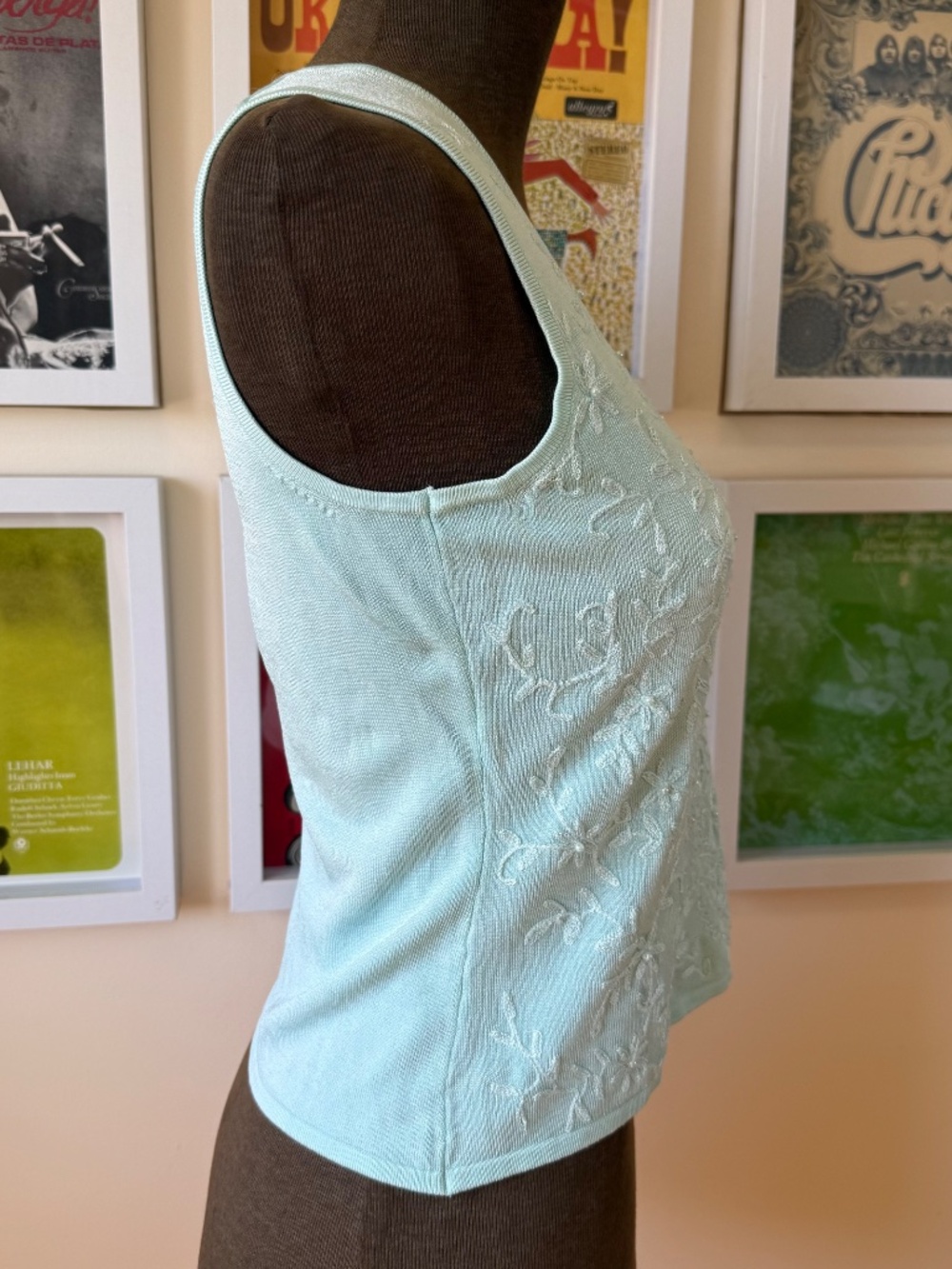 PASTEL MINT EMBROIDERED BEADED TANK – COQUETTE VINTAGE FAIRYCORE TOP - Picture 3 of 8